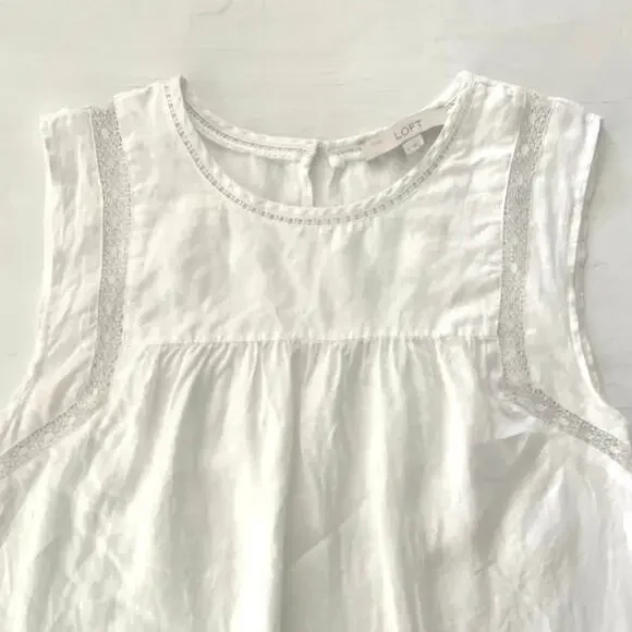 LOFT White Sleeveless Lace-Trim Cotton Blouse - Picture 2 of 11